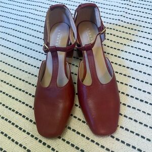 Women's Red Leather T-Strap Shoes